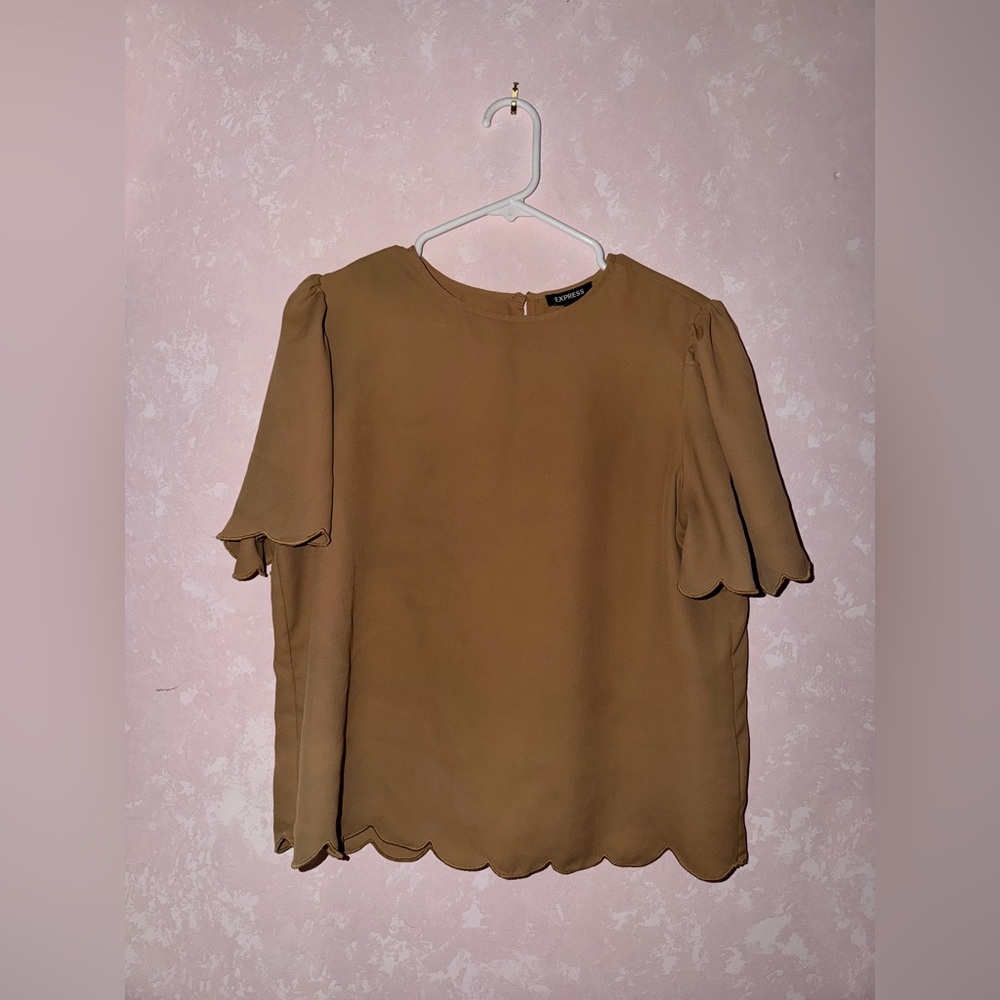 Express Tan Blouse with Scalloped Hem